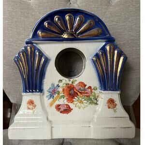 Antique Victorian Clock Housing Hand Painted blue gold flowers poppy porcelain